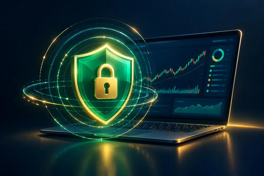 Secure Qelvandruk trading platform protected by encryption shield and padlock